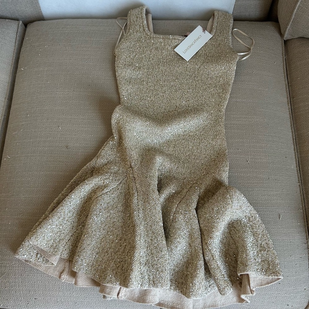 NWT LoveShackFancy Sarajane Sequin Stretch Knit Mini Dress Honey Gold Holiday - Picture 6 of 16
